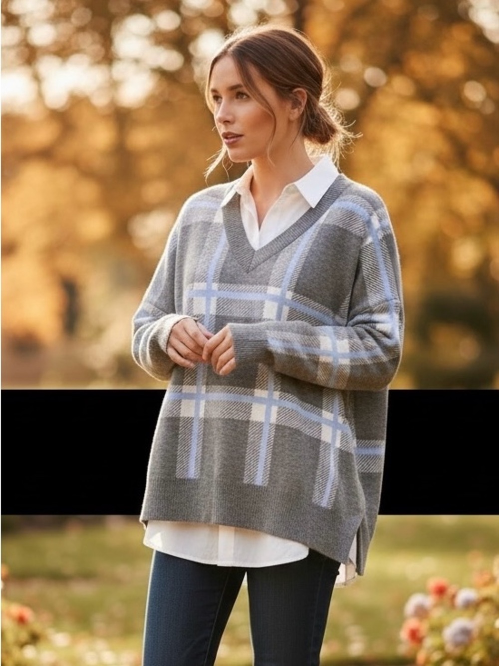 Max Studio Woman Plaid Pullover Sweater Size 2X Knit Gray Blue White